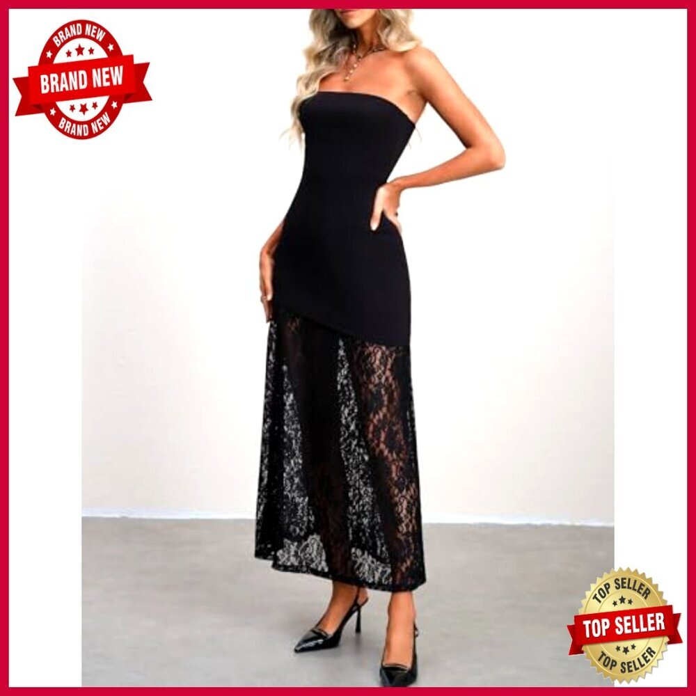 Strapless Backless Midi Dress with Lace Hem, Tube Top, Zipper Closure - Picture 7 of 7